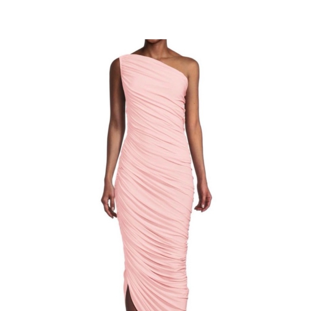 Norma Kamali XXS One‑Shoulder Ruched Midi Dress — Blush Pink